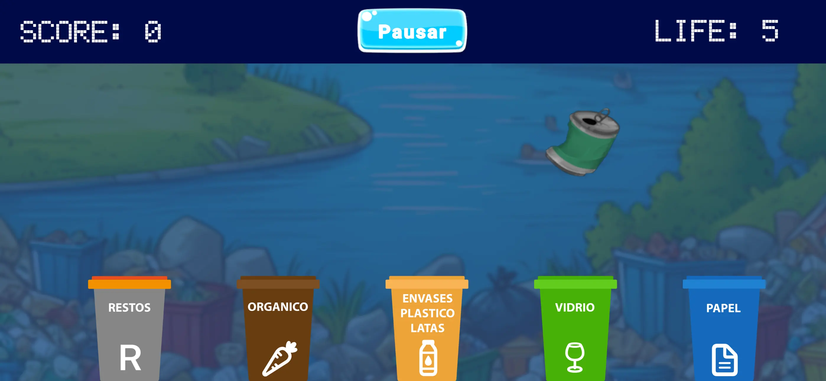 Captura de pantalla de Don’t Be Trashy, un divertido juego de reciclaje donde clasificas la basura en el contenedor correcto